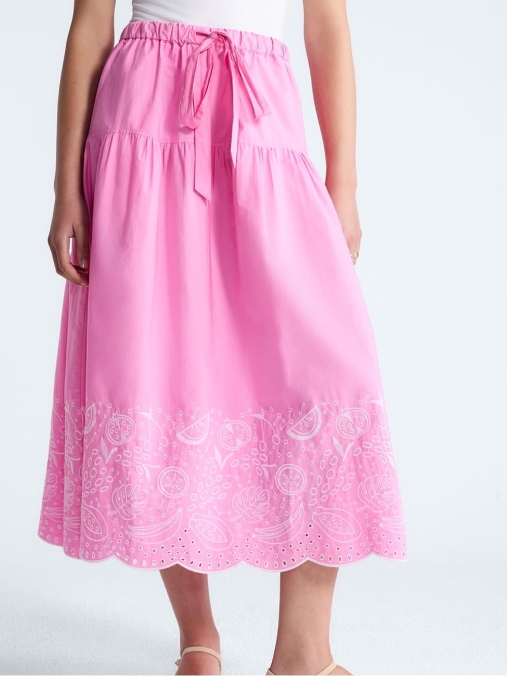 Free Assembly| Embroidered Pink Eyelet Tie Waist Maxi Skirt